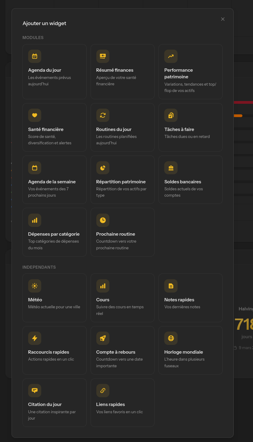 Capture d'ecran de l'ajout d'un widget au tableau de bord Elix